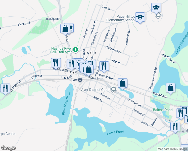 map of restaurants, bars, coffee shops, grocery stores, and more near 1 Main Street in Ayer