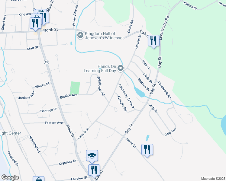 map of restaurants, bars, coffee shops, grocery stores, and more near 192 Lincoln Street in Leominster