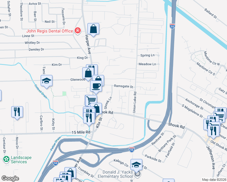 map of restaurants, bars, coffee shops, grocery stores, and more near 35750 Shook Lane in Macomb County