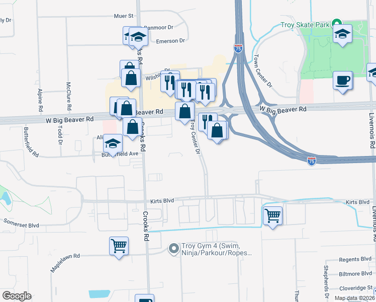 map of restaurants, bars, coffee shops, grocery stores, and more near 2871 Troy Center Drive in Troy