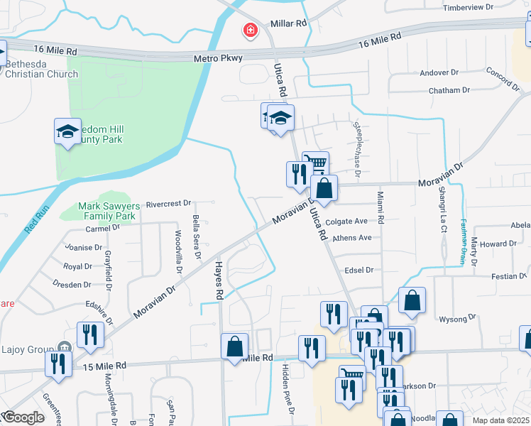 map of restaurants, bars, coffee shops, grocery stores, and more near 35763 Moravian Drive in Clinton Township