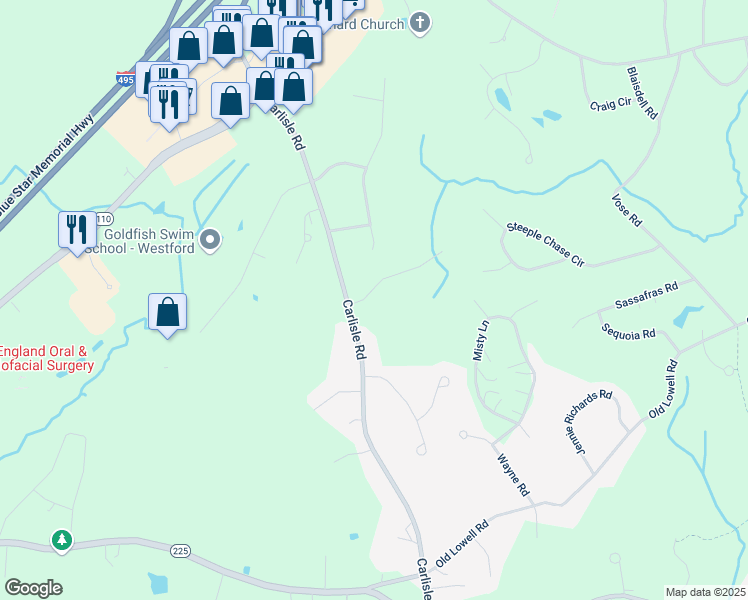 map of restaurants, bars, coffee shops, grocery stores, and more near 1 Applewood Drive in Westford