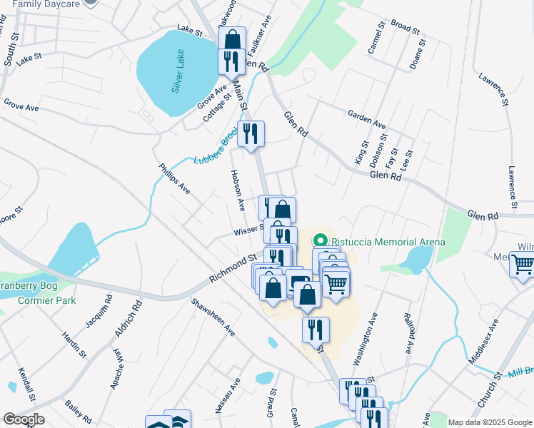 map of restaurants, bars, coffee shops, grocery stores, and more near 182 Main Street in Wilmington