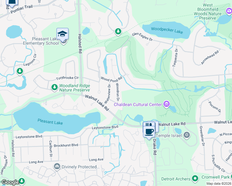 map of restaurants, bars, coffee shops, grocery stores, and more near 5320 Woodrun Drive in West Bloomfield Township