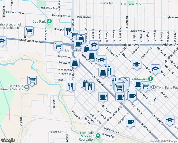 map of restaurants, bars, coffee shops, grocery stores, and more near 2nd Avenue West in Twin Falls