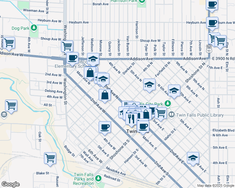 map of restaurants, bars, coffee shops, grocery stores, and more near 216 Eden Street West in Twin Falls