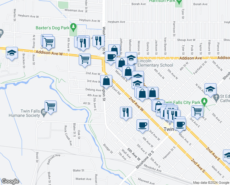 map of restaurants, bars, coffee shops, grocery stores, and more near 636 3rd Avenue West in Twin Falls