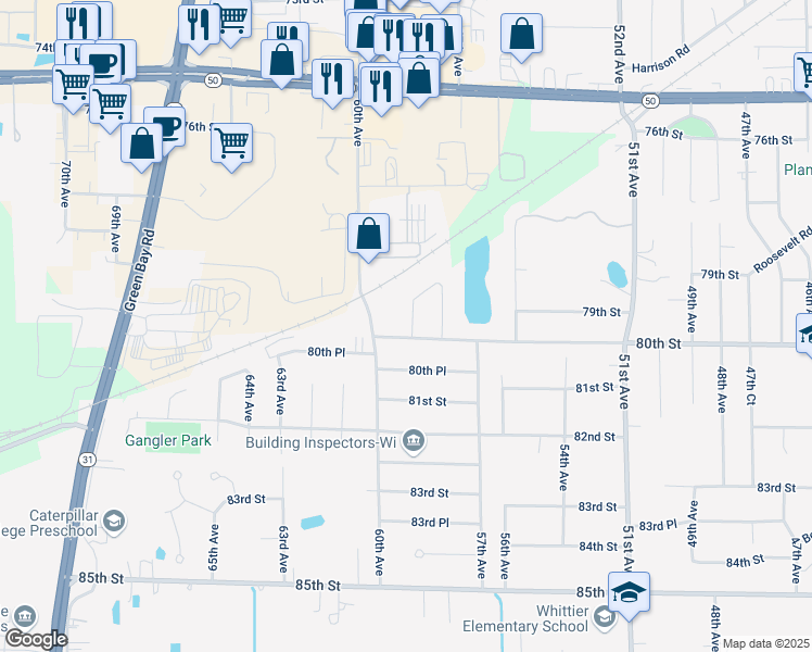 map of restaurants, bars, coffee shops, grocery stores, and more near 7927 60th Avenue in Kenosha