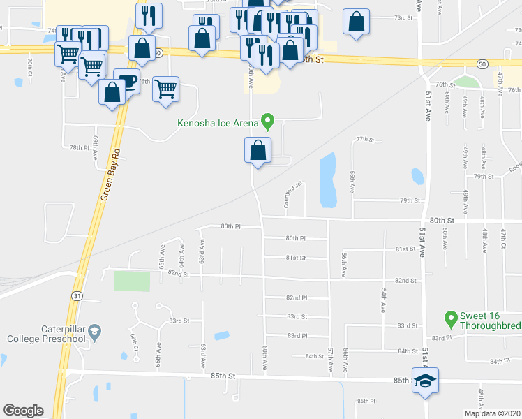 map of restaurants, bars, coffee shops, grocery stores, and more near 10222 74th Street in Kenosha