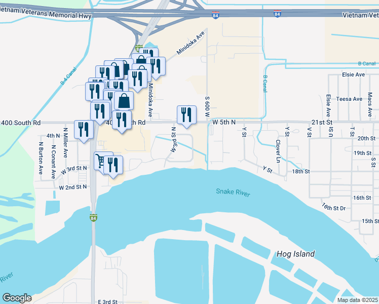 map of restaurants, bars, coffee shops, grocery stores, and more near 32 River Run Estates in Burley