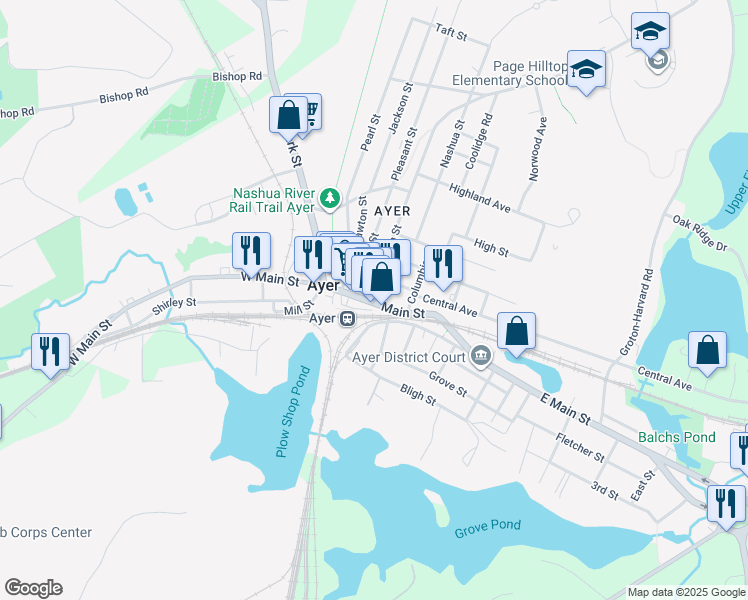 map of restaurants, bars, coffee shops, grocery stores, and more near 25 Main Street in Ayer