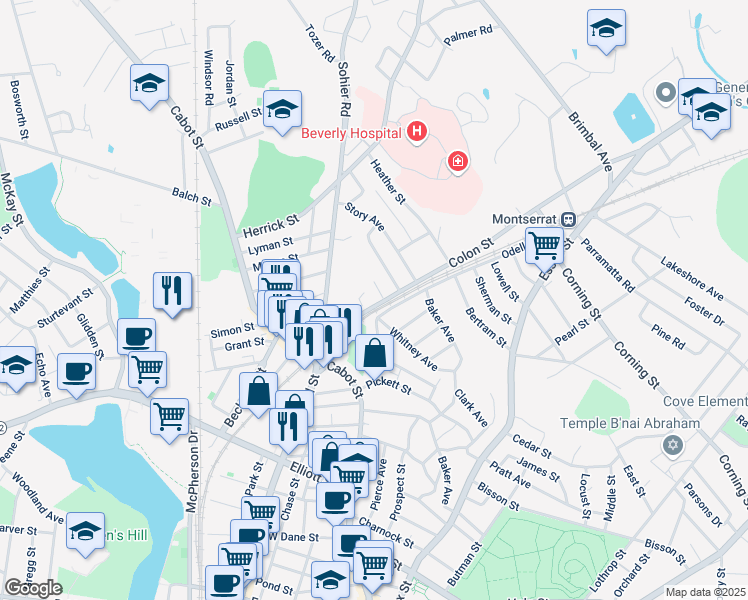 map of restaurants, bars, coffee shops, grocery stores, and more near 40 Colon Street in Beverly