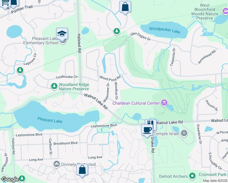 map of restaurants, bars, coffee shops, grocery stores, and more near 5320 Woodrun Drive in West Bloomfield Township