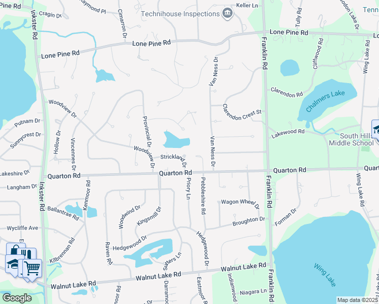 map of restaurants, bars, coffee shops, grocery stores, and more near 1734 Hiview Court in Bloomfield Township