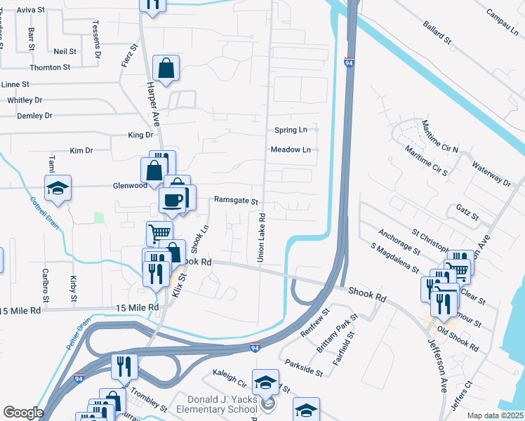 map of restaurants, bars, coffee shops, grocery stores, and more near 35738 Union Lake Road in Harrison charter Township