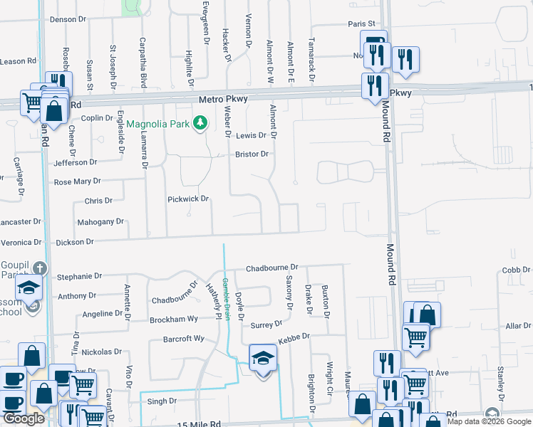 map of restaurants, bars, coffee shops, grocery stores, and more near 36146 Weber Drive in Sterling Heights