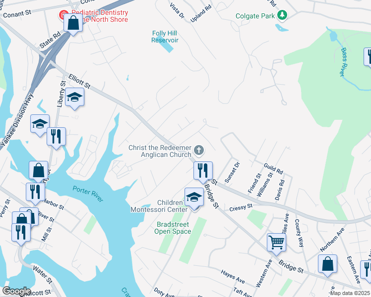map of restaurants, bars, coffee shops, grocery stores, and more near 174 Elliott Street in Danvers