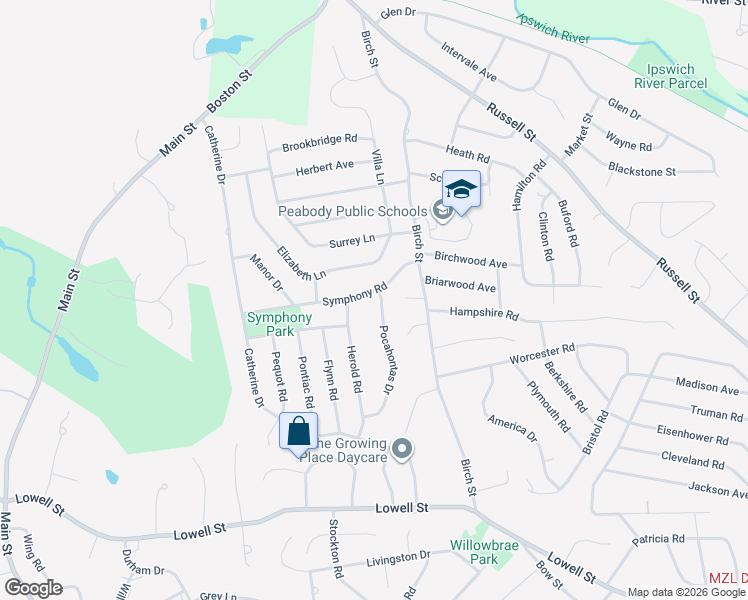 map of restaurants, bars, coffee shops, grocery stores, and more near 23 Pocahontas Drive in Peabody