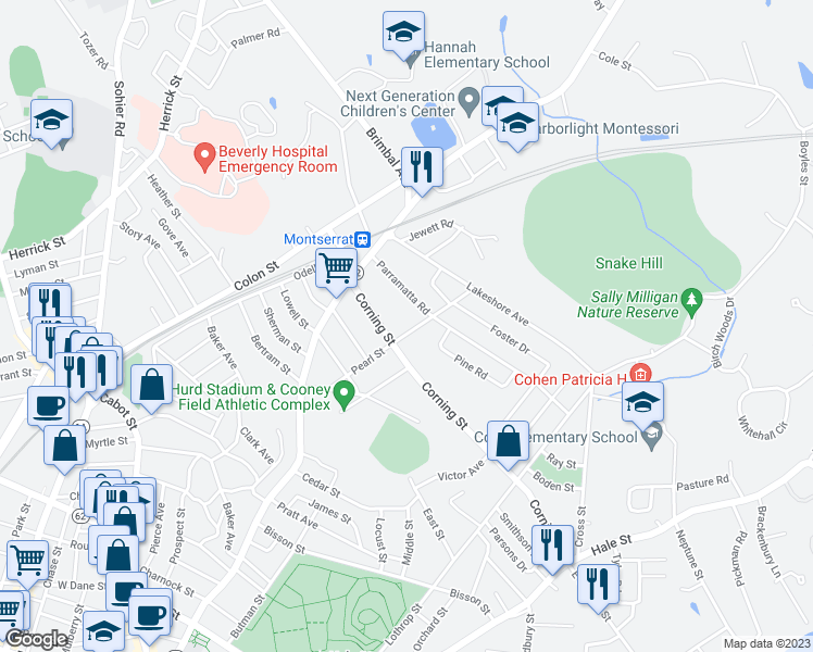 map of restaurants, bars, coffee shops, grocery stores, and more near 6 Pearl Street Extension in Beverly