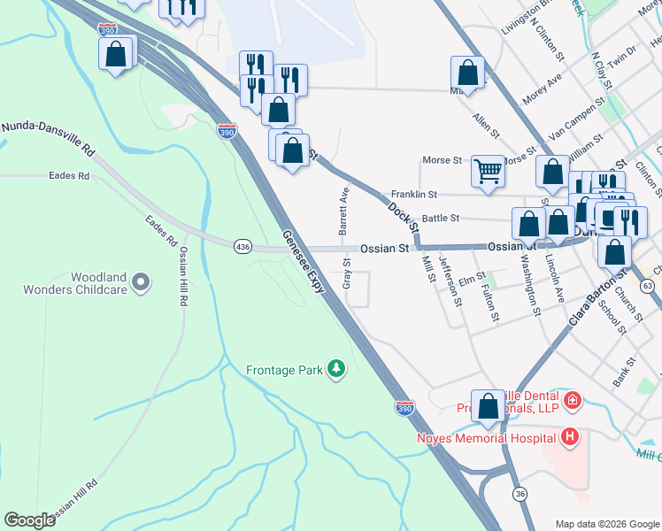 map of restaurants, bars, coffee shops, grocery stores, and more near 13 Whitehart Boulevard in Dansville