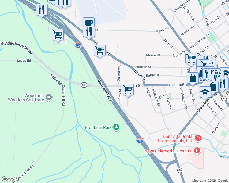 map of restaurants, bars, coffee shops, grocery stores, and more near 13 Whitehart Boulevard in Dansville