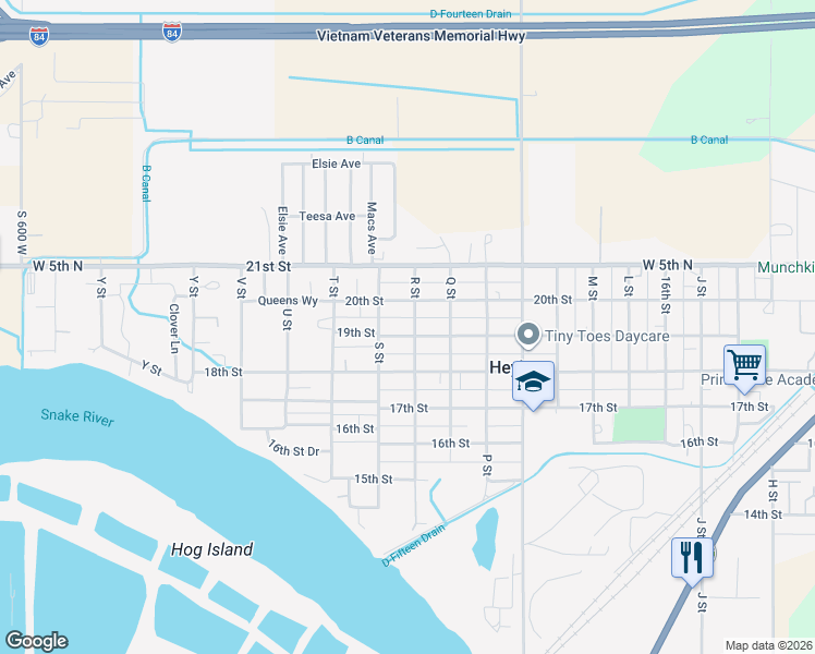 map of restaurants, bars, coffee shops, grocery stores, and more near 1858-1898 19th Street in Heyburn