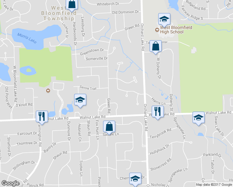 map of restaurants, bars, coffee shops, grocery stores, and more near 4182 Marlwood Drive in West Bloomfield Township