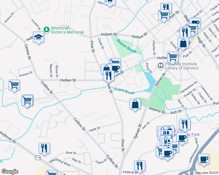 map of restaurants, bars, coffee shops, grocery stores, and more near 146 Pine Street in Danvers