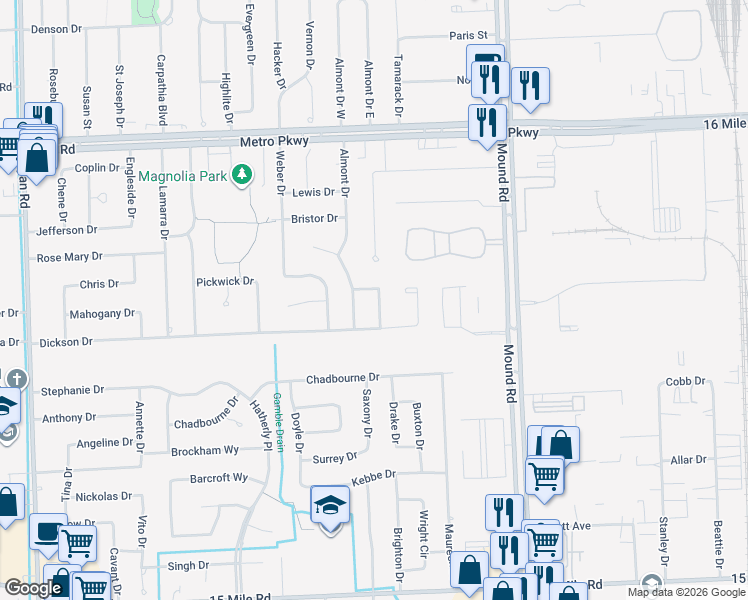 map of restaurants, bars, coffee shops, grocery stores, and more near 36149 Beverly Drive in Sterling Heights