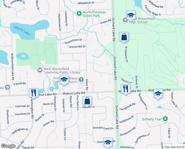 map of restaurants, bars, coffee shops, grocery stores, and more near 4182 Marlwood Drive in West Bloomfield Township