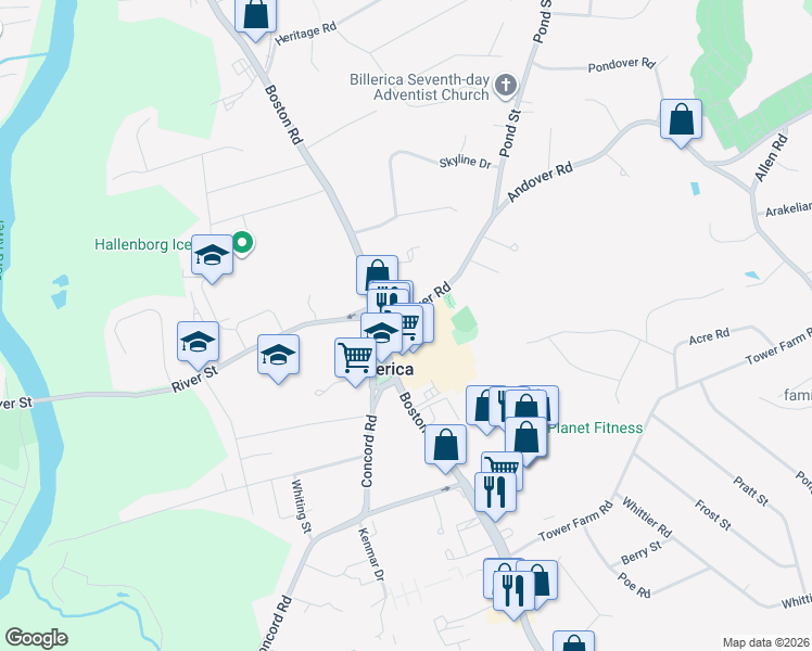 map of restaurants, bars, coffee shops, grocery stores, and more near 5 Andover Road in Billerica
