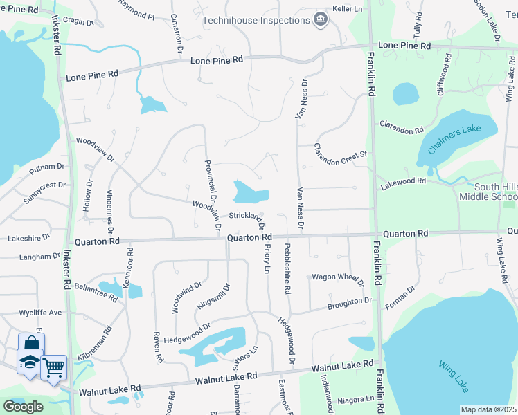 map of restaurants, bars, coffee shops, grocery stores, and more near 1734 Hiview Court in Bloomfield Township
