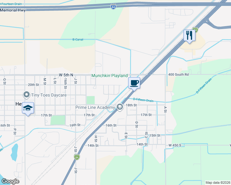 map of restaurants, bars, coffee shops, grocery stores, and more near 1840 U.S. 30 in Heyburn