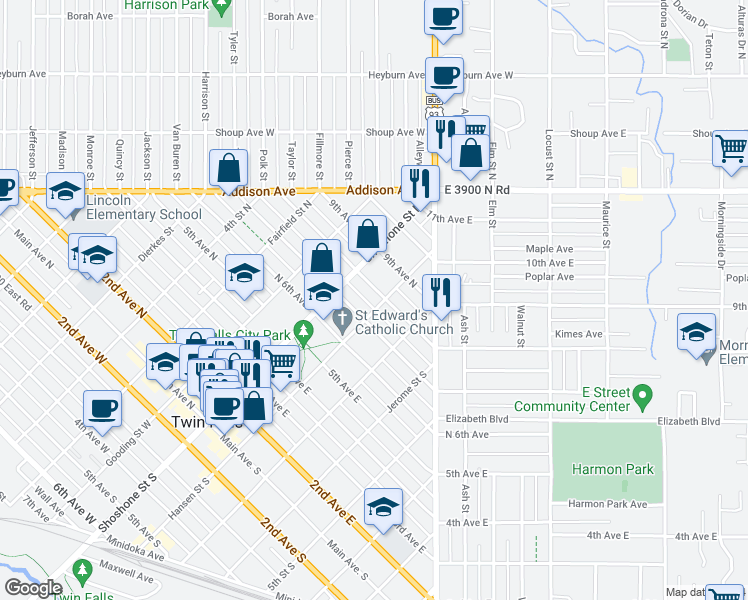 map of restaurants, bars, coffee shops, grocery stores, and more near 155 7th Avenue North in Twin Falls