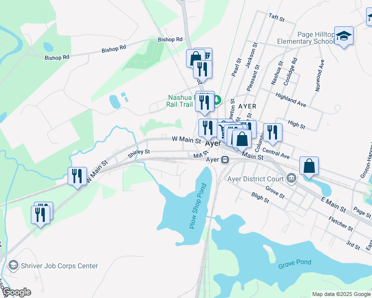 map of restaurants, bars, coffee shops, grocery stores, and more near 23 Mill Street in Ayer