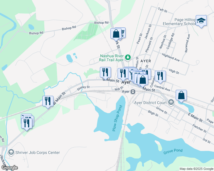 map of restaurants, bars, coffee shops, grocery stores, and more near 20 Shirley Street in Ayer