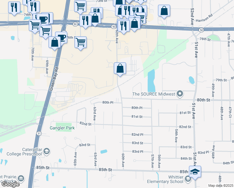 map of restaurants, bars, coffee shops, grocery stores, and more near 7918 60th Avenue in Kenosha