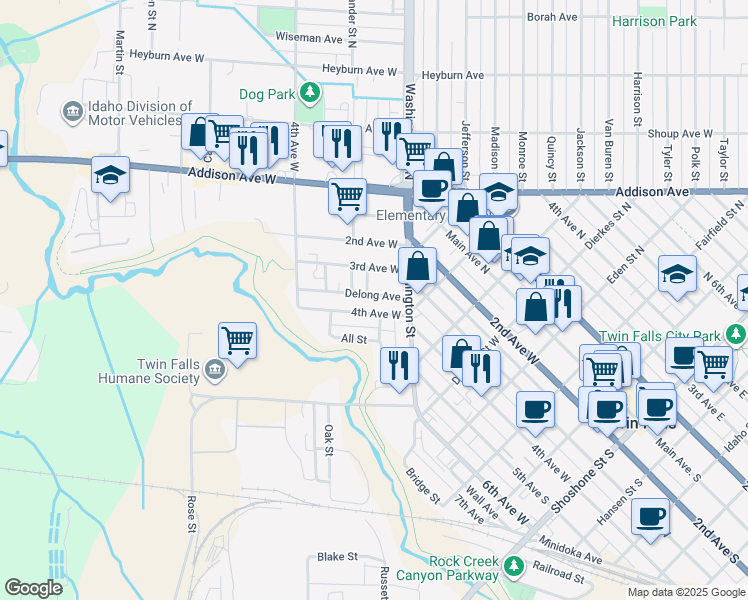 map of restaurants, bars, coffee shops, grocery stores, and more near 804 4th Avenue West in Twin Falls