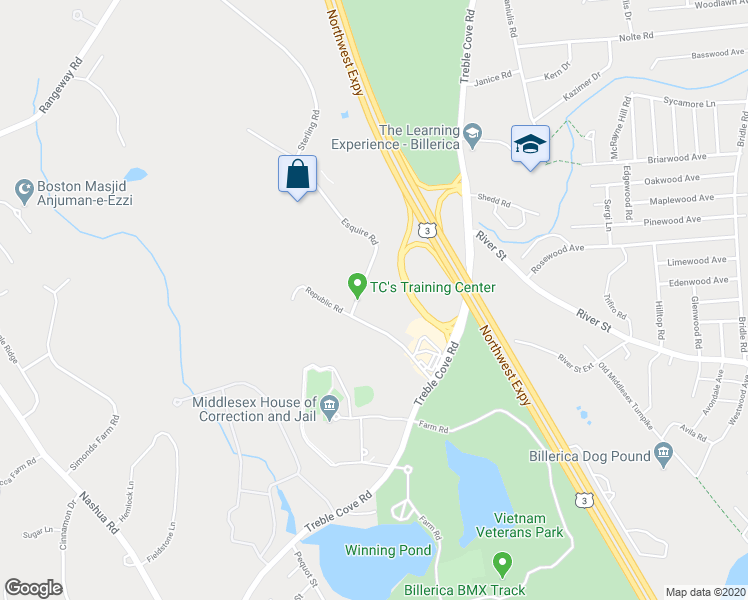 map of restaurants, bars, coffee shops, grocery stores, and more near 3 Esquire Road in Billerica