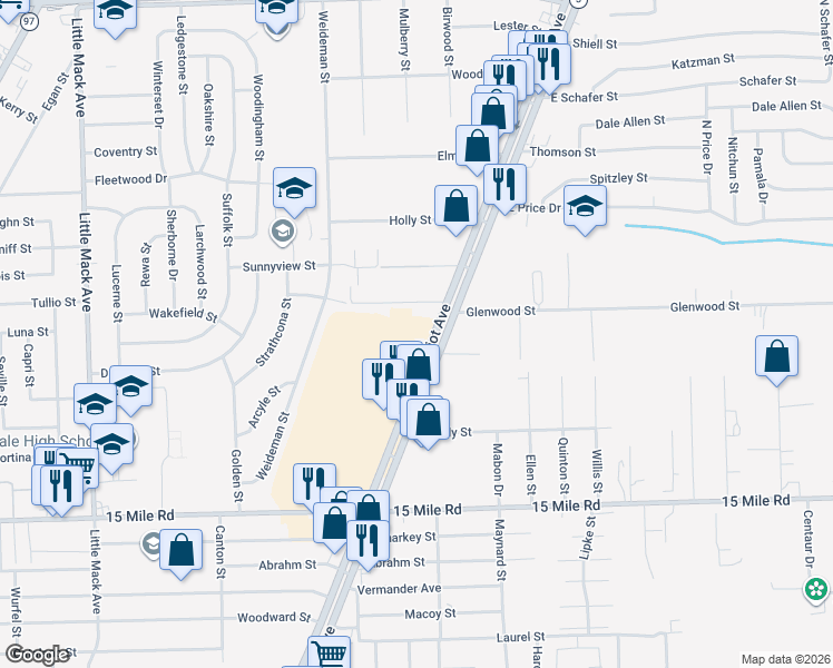 map of restaurants, bars, coffee shops, grocery stores, and more near 35679 South Gratiot Avenue in Clinton Township