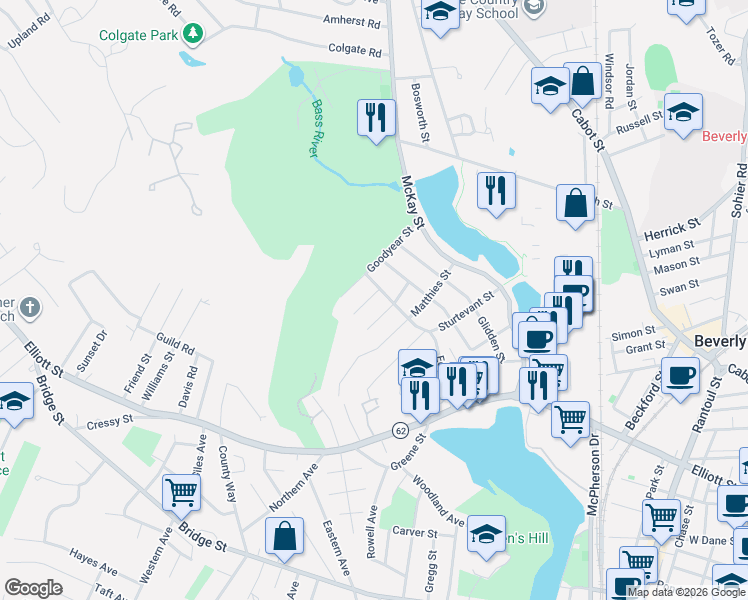 map of restaurants, bars, coffee shops, grocery stores, and more near 15 Conway Street in Beverly