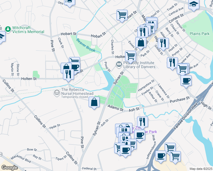 map of restaurants, bars, coffee shops, grocery stores, and more near 5 John Street in Danvers
