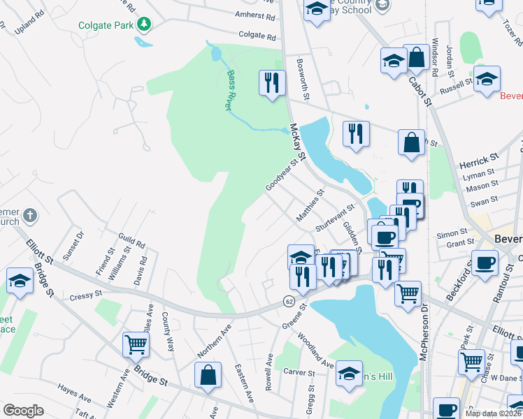 map of restaurants, bars, coffee shops, grocery stores, and more near 8 Conway Street in Beverly