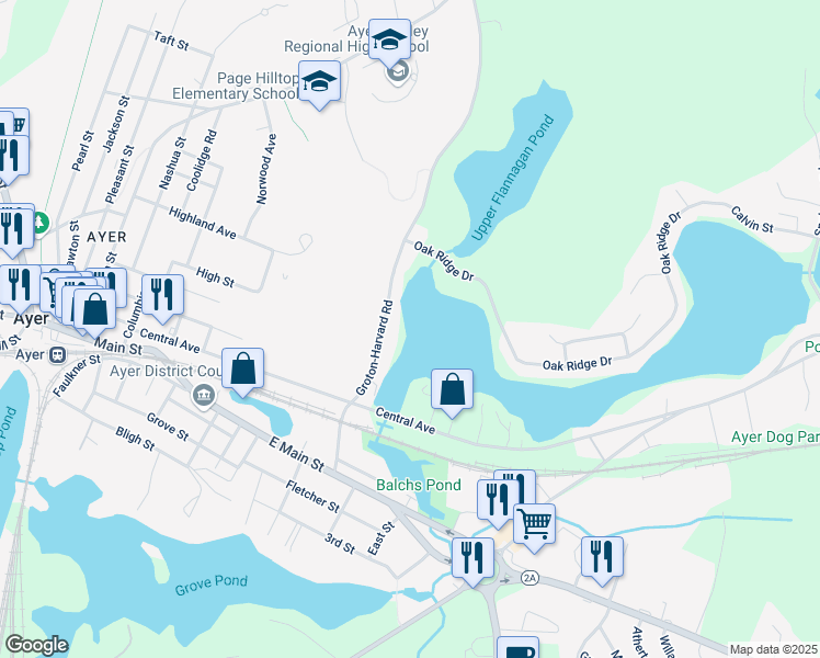 map of restaurants, bars, coffee shops, grocery stores, and more near 10 Park Street in Ayer