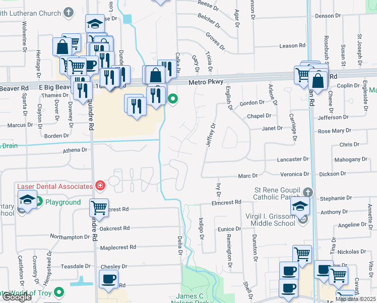 map of restaurants, bars, coffee shops, grocery stores, and more near 36442 Park Place Drive in Sterling Heights