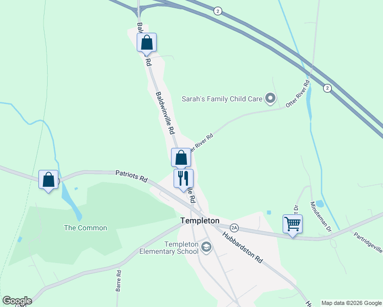 map of restaurants, bars, coffee shops, grocery stores, and more near 1 Otter River Road in Templeton