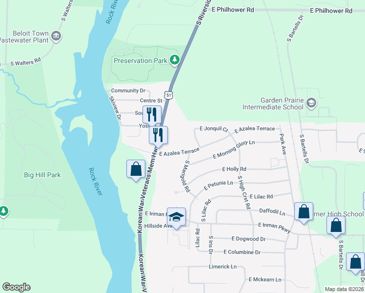 map of restaurants, bars, coffee shops, grocery stores, and more near 595 East Azalea Terrace in Beloit
