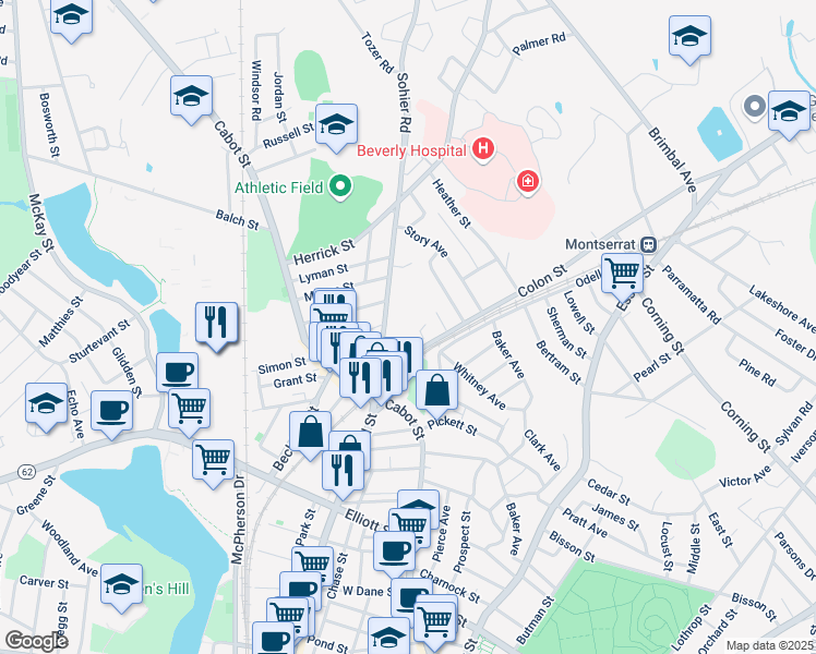 map of restaurants, bars, coffee shops, grocery stores, and more near 7 Sohier Road in Beverly