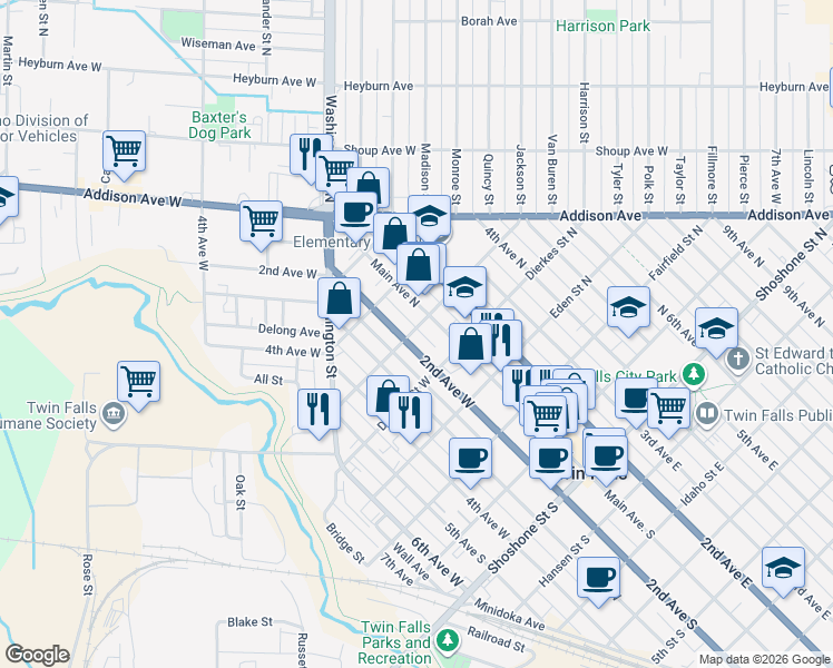map of restaurants, bars, coffee shops, grocery stores, and more near 560 2nd Avenue West in Twin Falls