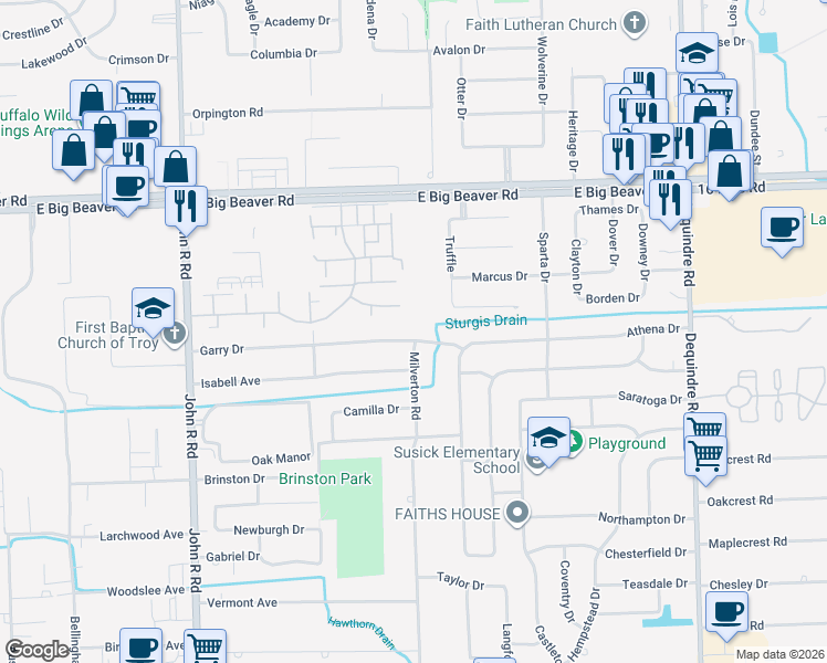 map of restaurants, bars, coffee shops, grocery stores, and more near 2376 Garry Drive in Troy